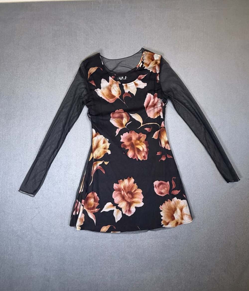 Vintage J.S.P. Y2K Floral Mesh Long Sleeve Mini Dress Black Brown Small